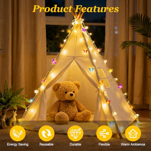 Vicloon Lichterkette Schmetterling, 2M 20 LED Schmetterlinge Lichterkette Batterie, Schmetterlings Deko Lichterketten, Bunt Lichtervorhang Innen für Weihnachten Deko, Balkon, Party, Hochzeit(Warmweiß)