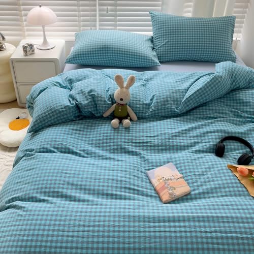 Image of LifeTB Queen Comforter Set Blue Grey Gingham Comforter with 2 Pillowcases Modern Style Geometric Plaid Grid Comforter Farmhouse Gingham Bedding Set 3 Pieces Fluffy Checkered Comforter Set