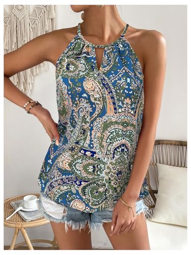 Image of RoseSeek Women's Boho Paisley Print Halter Tops Cut Out Going Out Tops