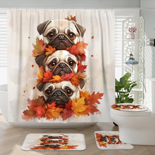 4PCS Fall Pug Dog Bathroom Accessory Sets with Non-Slip Rug, U Shape and Toilet Lid Cover Mat, Cute Autumn Maple Leaf Bathroom Fabric Decor-72''x72''