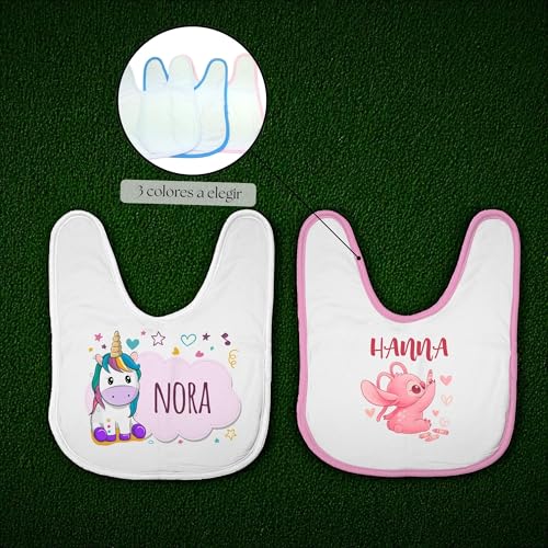 Miniatura 4 de Lolapix Babero Personalizado Bebe. Babero Infantil. Regalos Personalizados Con Nombre. Baberos Para Bebé Personalizados. Varios Diseños. 3 Colores Disponibles. Unicornio Rosa