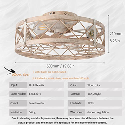 Retro Caged Ceiling Fan With Light, 20" Flush Mount Ceiling Fans With Lights Remote Control, 6 Speed Low Profile Ceiling Fan With Reversible Motor For Bedroom Kitchen Living Room (Bulbs Not Included) #TOP2