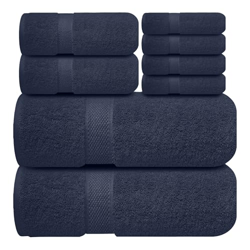 Image of Sulfar 100% Combed Cotton, 8 Pcs Towel Set - 2 Bath Towels (70 x 140 cm), 2 Hand Towels (40 x 70 cm) and 4 Washcloths (30 x 30 cm) (600 GSM, Pack of 8) Navy