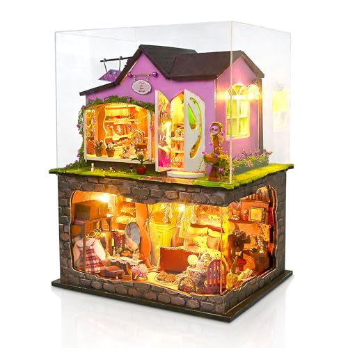 Cuteefun Maison de Poupées Miniatures - avec Housse de Protection et éclairage LED, Décoration Raffinée, pour Un Anniversaire, Noël, Halloween (Boutique...