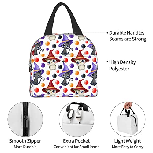 Black Cat And Owl In A Witch Hat Lunch Bag Small Insulated Lunch Box With Front Pocket Cute Lunch Bags For Girls Boys Freezable Bento Box Women Men Lunch Boxes #TOP6