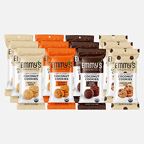 Emmy's Organics Coconut Cookies Variety Pack (Dark Cacao, Chocolate Chip, Vanilla Bean, Peanut Butter), 1.5 Oz (Pack Of 12) #TOP17