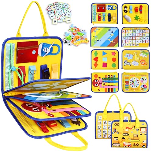 Image of Esjay Toddler Busy Board Montessori Toys for Boys Girls, Sensory Book Educational Activities for Learning Fine Motor Skills, Birthday Gifts for Toddlers, Travel Toys for Airplane Car, Yellow Truck