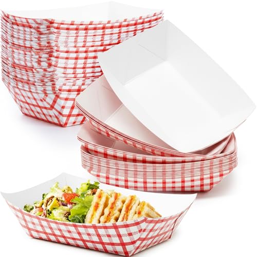 Heavy Duty, Grease Resistant 2 Lb Paper Food Trays 100 Pk. Recyclable, Coated Paperboard Basket Ideal for Festival, Carnival, Concession Stand Treats Like Fries, Ice Cream & Chicken Tenders & More