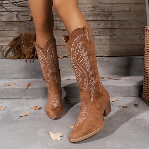 Image of Women's Western Cowboy Boots - Embroidered Ankle Booties with Chunky Block Heel, Side Zipper Suede Cowgirl Boots for Country Concert