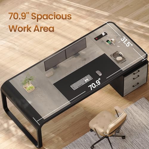 Image of Itaar 70.9 inch Executive Desk, Large Computer Desk with Drawers and Lateral File Cabinet, Office Desk with Removable Shelves, Business Furniture Desk Workstation for Home Office, Gray