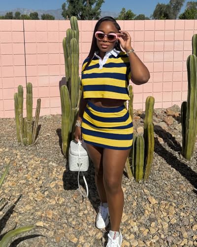 HBQ Women's Casual Two Piece Skirt Sets Polo Collar Crop Top Striped Mini Dress Summer Vacation-Stripe2
