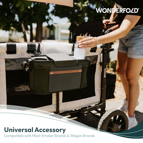 Image of WONDERFOLD Universal Parent Console Stroller Organizer with Insulated Cup Holders, Hook & Loop Closure Handle Attachment, 2 Storage Pockets, Removable Shoulder Strap for Easy Transport