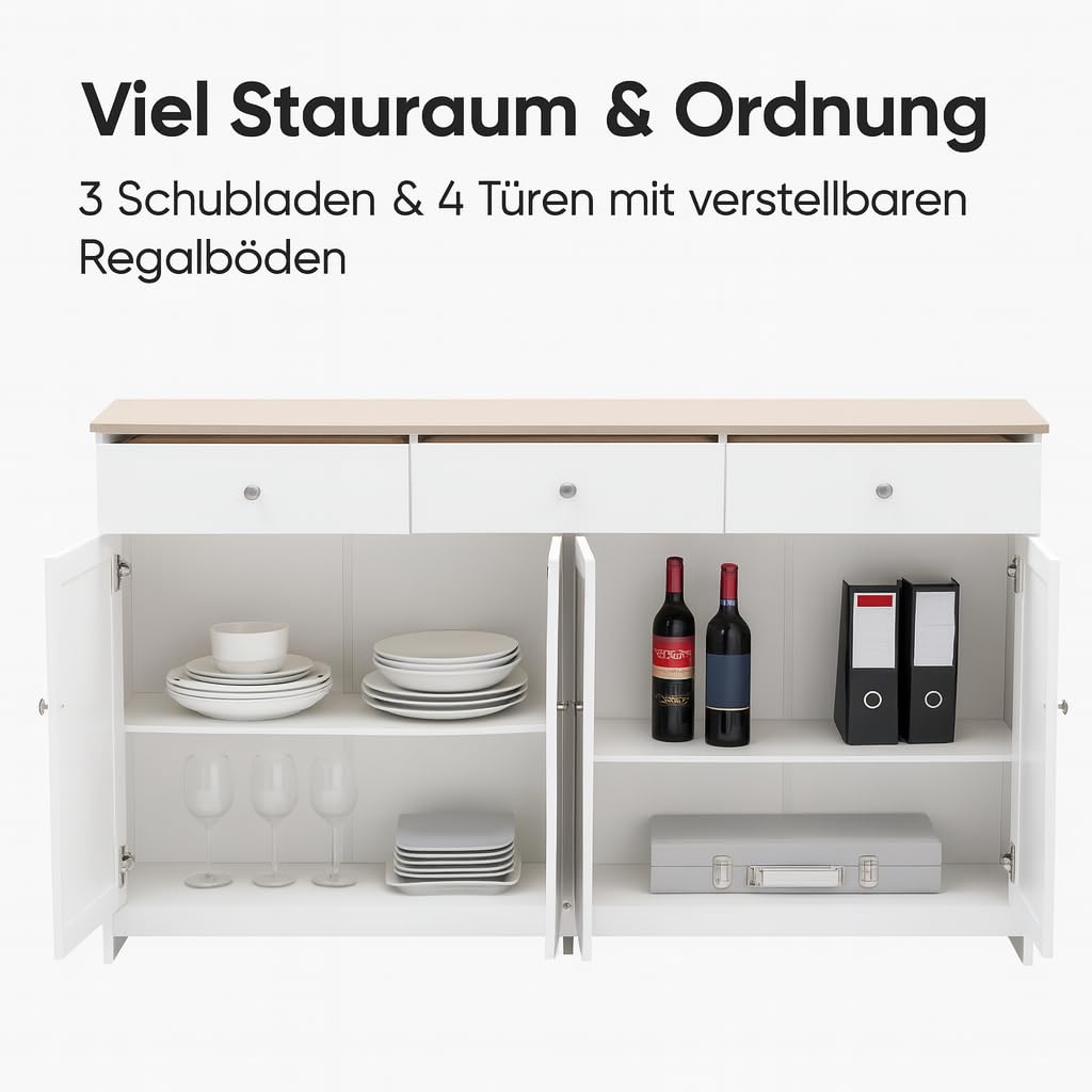 Sideboard 160 cm Weiß Holzoptik mit 3 Schubladen & 4 Türen – Buffetschrank Landhausstil mit Verstellbaren Regalböden – Anrichte für Wohnzimmer & Esszimmer (Weiß, 160 L x 37 B x 75H(cm))