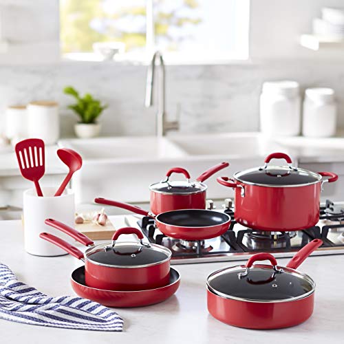Image of Amazon Basics Non-Stick Cookware Set, Pots and Pans with Lids, Aluminum, Dishwasher Safe, Oven Safe, Red, 12-Piece