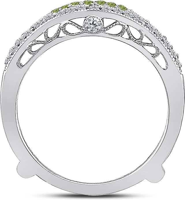 Created Real 925 Sterling Silver 14K Gold Finish Round Cut White Diamond & Peridot Double Row Pave Set Enhancer Guard Ring Wedding Gift For Women
