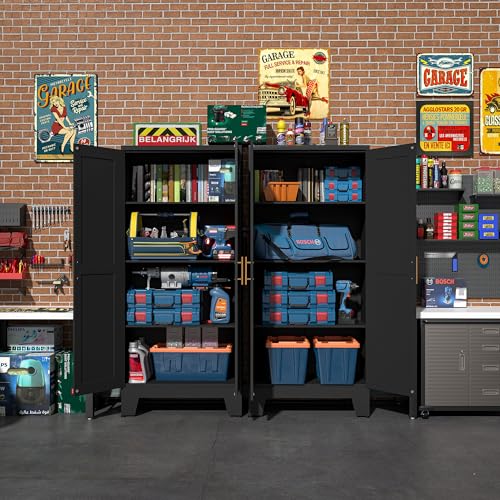 Image of Black Metal Storage Cabinet, 61 inch Steel Cabinets for Home Office | Kitchen Pantry Storage Cabinet with Doors and 3 Adjustable Shelves, Metal Tool Cabinet, for Office, Home, Garage, School