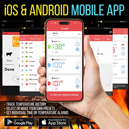 Nutrichef Bluetooth Grill Bbq Meat Thermometer, 150 Ft Wireless Digital Monitoring Timer & Alarm For Smoker, Oven #TOP2