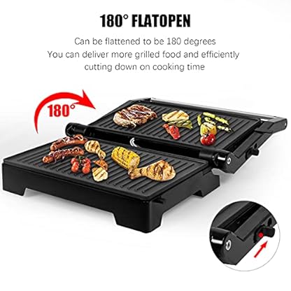Gotoll Kontaktgrill Tischgrill, Panini & Sandwich Maker, doppelte Grillplatten, geöffnete 180° Kontakt-Grill, 1000 W, antihaftbeschichtet, isolierte Handgriffe, Edelstahlgehäuse – Bild 3