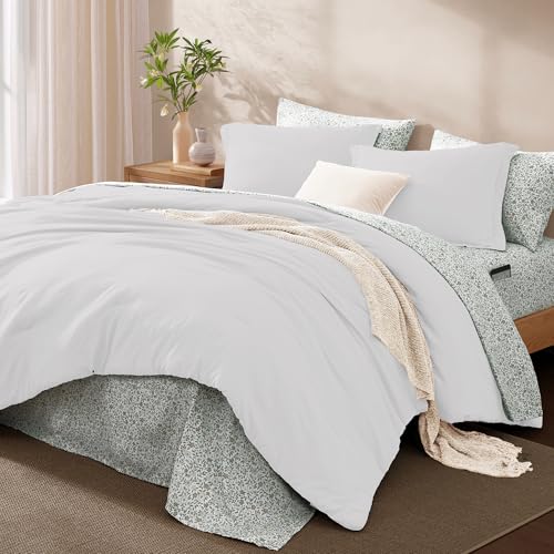 Image of Monbix Full Size Comforter Sets-7 Pieces Soft Bed in a Bag Full Bedding Set | All Season White Prewashed Comforter Bed Set with Striped Sheets, Pillowcases & Shams