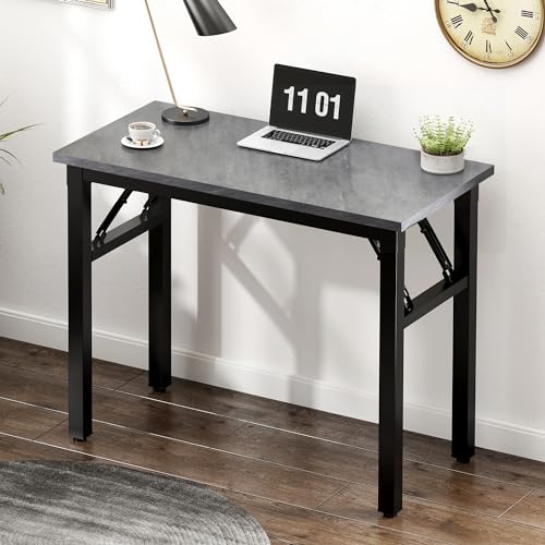 Image of Need 31.5 Inch Folding Desk for Small Spaces, Home Office Computer Desk with Grey Wood Top & Black Frame, Foldable Writing Table for Study, Bedroom, Dorm Room & Student