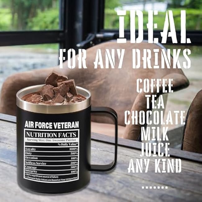 Onebttl Veterans Appreciation Gifts for Men, Nutrition Facts, Funny Coffee Mug for Husband, Dad, Grandpa, 12oz Stainless Steel Tumbler, Black, Air Force Veteran