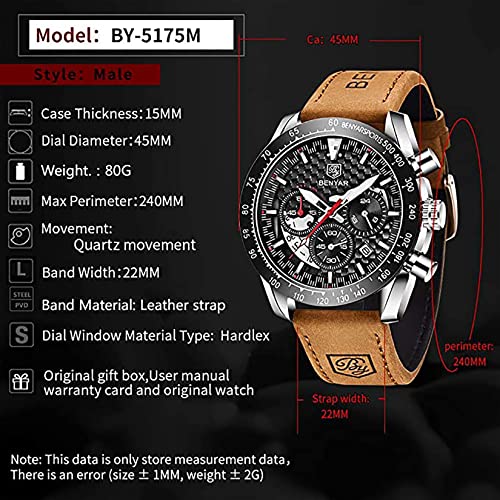Benyar Mens Watches 45Mm Large Quartz Movement Chronograph Leather Strap 30M Waterproof Sport Scratch Resistant Elegant Wrist Watch For Men (Silver-Black) #TOP2