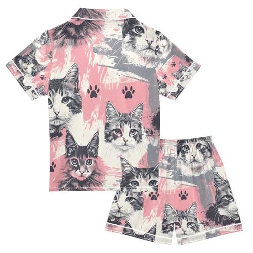 senya Hand Painted Cat Satin Summer Pajama Sets Silk Short Sleeve Button Down Sleepwear2