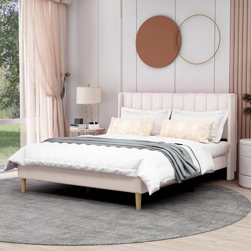 Image of AGARTT Upholstered Platform Bed Frame Queen Size, Beige Velvet
