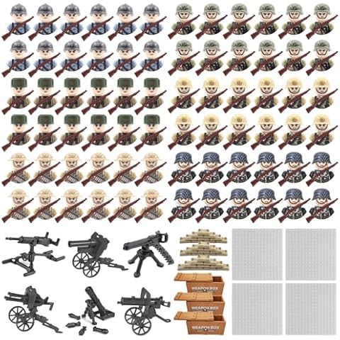 CEREECOO Mini WW2 Army Men Figures Pack, World War 2 Military Soldier Figures Building Set with Weapons Baseplates Cover