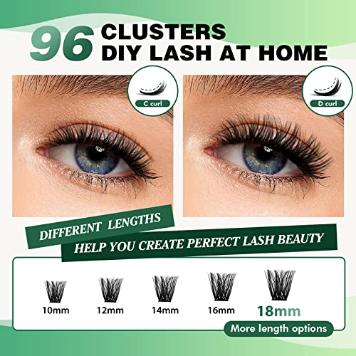 KEYYOU Wimpern Cluster 96pcs Wimpern Extensions D Curl 16mm Cluster Lashes Volume Natürlich Sanft Wimpernverlängerung(Y03-D-16)