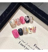 NLSJMP 3D handmade Gel nails press on false nails short square black gold pink rhinestone bling p...