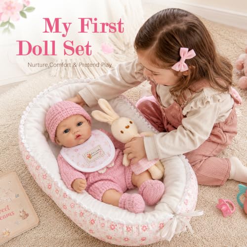 13 Inch Baby Doll Set with Crib, Bunny, Hat and Feeding Accessories - Image 4