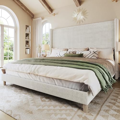 HUAHUU King Size Bed Frame with 51.2 Tall Headboard Corduroy Upholstered Bed Frame with Wingback Platform Bed with Wooden Slats Support Easy Assembly No Box Spring Needed Beige