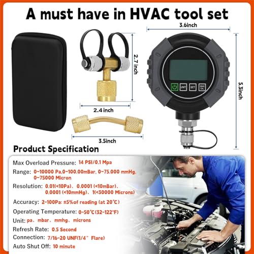 Image of Pro HVAC Micron Vacuum Gauge, Digital AC Micron Gauge 0-75000 Microns | Vacuum Tester with Alarm , LCD Backlit Display, 7 /16-20 UNF & 1 /4 inch SAE Ports, Includes T-Connector and Extension Adapter