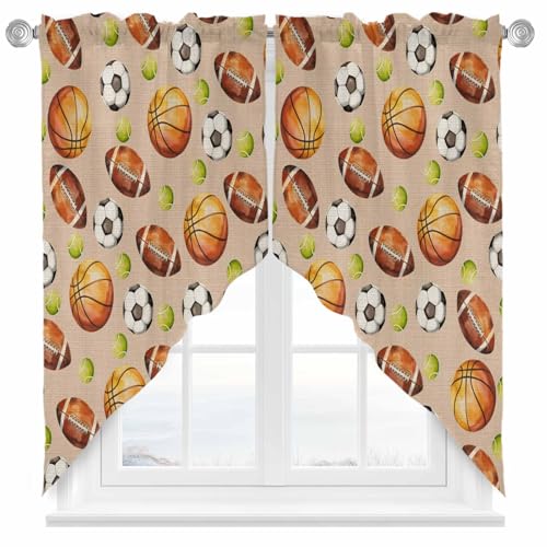 Hijpoxlsep Football Sport Swag Curtain Valances for Kitchen 808 Pieces Basketball Soccer Rugby Tennis Brown Window Curtains Swag Curtains Topper Set for Living Room Home Decor 28x36in