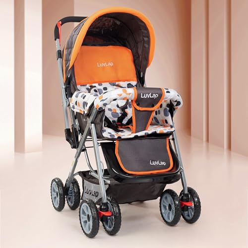 Image of LuvLap Sunshine Baby Stroller /Pram for 0 to 3 Years, New Born /Toddler /Kid, 5 Point Safety Harness, Adjustable backrest, 360 Swivel Wheel, Large Storage Basket, Reversible Handlebar (Orange)