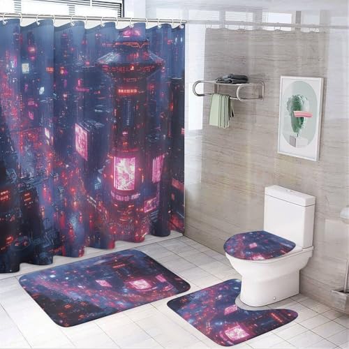 Bathroom Curtains Shower Set with Rug, Futuristic Cyberpunk Cityscape Pattern