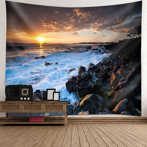 Tapisserie paysage lever du soleil mer 210x140cm deco murale enfant