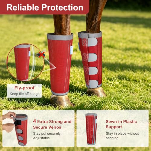Image of Reflective Horse Fly Boots Set of 4, Loose Fitting Leggings for Horses, Equine Fly Leg Wraps Socks for 4 Legs, Breathable Adjustable and Universal Fit, Reliable Stay Put and on (Red)