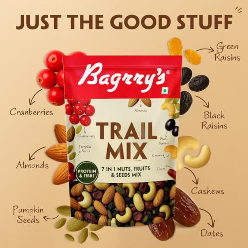 Image of Bagrry's Trail Mix 200g | 7 in 1 Ingredients | Californian Almonds | Cashews | Cranberries | Dates | Pumpkin Seeds | Green & Black Raisins | High Protein | Source of Fibre | Oil-Free | Non-Salted | Guilt-free Anytime Snack | Dry fruit mix | Mix nuts | Travel Friendly, Easy to Carry Snack