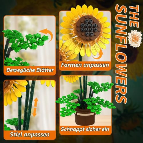 kiothdre Sonnenblumen Bausatz mit Vase, Botanicals Blumenstrauß für Erwachsene - 739 Teile Sonnen Blumenstrauß Set… – Ansicht 4