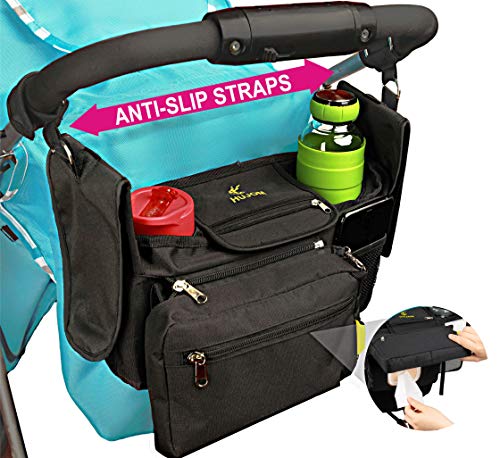 Hujom Non-Slip Universal Stroller Organizer With Cup Holders, Shoulder Strap, Roll Down Diaper Pocket, Detachable Phone Bag & Flexible Wipes Pocket. Baby Must Have Accessories. #TOP6