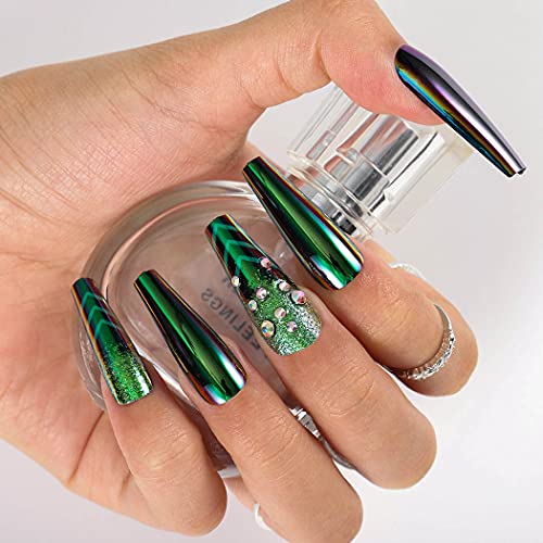 Aksod 24Pcs Glossy Green Press On Nails Crystal Extra Long Square Coffin 3D Bling Fake Nails Shimmer Nails Art Acrylic Ballerina False Nails French Nails Tips For Women And Girls (B) #TOP5