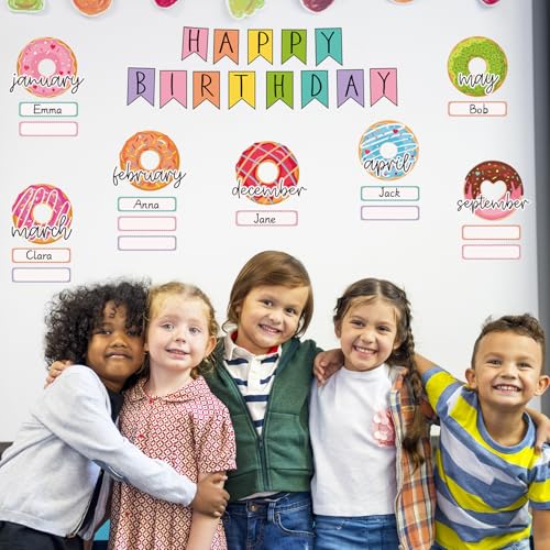 JarThenaAMCS 62Pcs Donut Cut-Outs with Glue Points Happy Birthday Cutouts Sweet Donut Time Paper Cutting for Party Supplies Classroom Bedroom Bulletin Board Decor