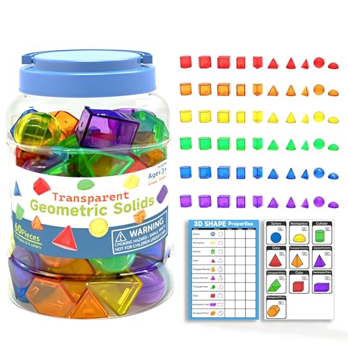 YunHe XinQiao Toys Factory 60 Pcs 3D Shapes for Kids Translucent Geometric Solids for Teaching...