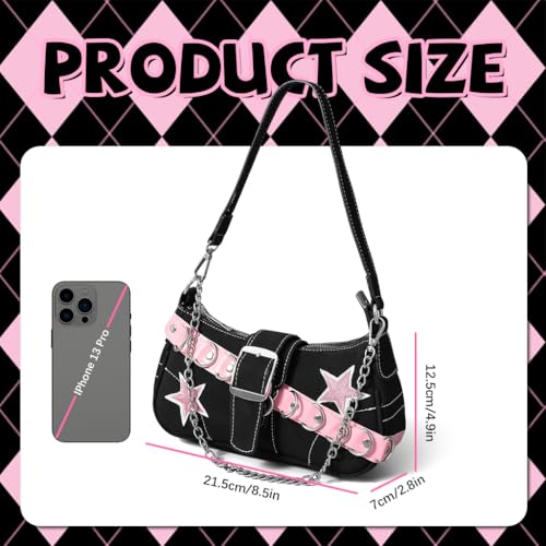 Image of PALAY Shoulder Bag for Women Girls Small Canvas Handbag with Chain Charm Hobo Bag Stylishly Sweet Y2K Star Patchwork Letter Printed Handbag Casual Small Shoulder Bag