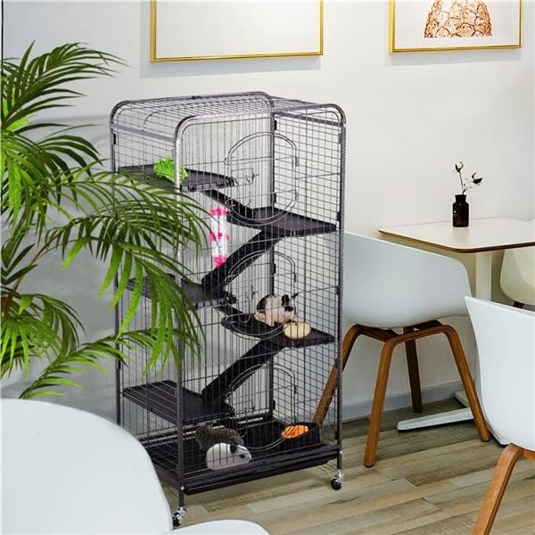 Small Animal Cage with Wheels, Rodents Cage with 5 Ramps and 5 Platforms, Multi-Level Metal Ferret Enclosure Cage with 3 Doors for Guinea Pigs, Ferrets, Chinchillas Black
