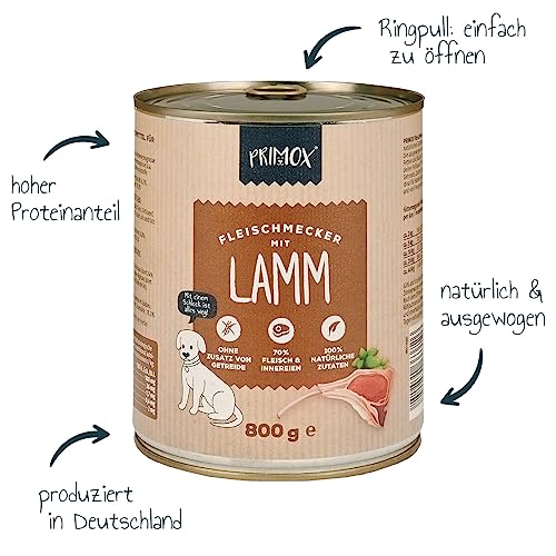 PRIMOX® Fleischmecker Hunde-Nassfutter | Getreidefrei | 70% Fleisch & Innereien | Made in Germany & 100% Natürlich | Omega-3 für Haut & Fell | Gluten- & Laktosefrei (Lamm, 6x800 g)