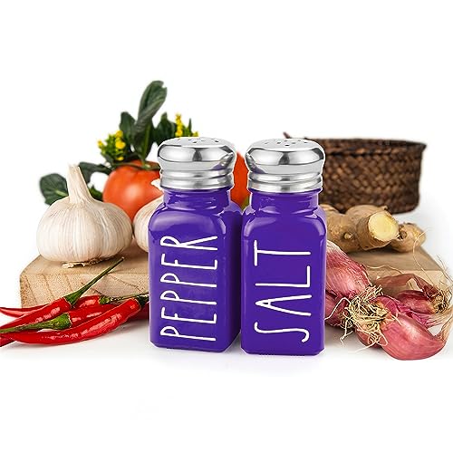 Image of Purple Salt and Pepper Shakers Set by Brighter Barns - Modern Farmhouse Kitchen Decor and Accessories - Cute Salt and Pepper Set - Glass Shakers & Stainless Steel Lids for Home, Restaurants (Purple)