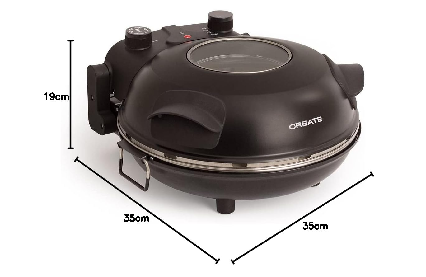 CREATE/PIZZA MAKER/Four à pizza électrique noir/Base en pierre spéciale pour la cuisson des pizzas, 31 CM de diamètre, 1200 W, température jusqu'à 350°, niveaux de puissance 5, arrêt automatique